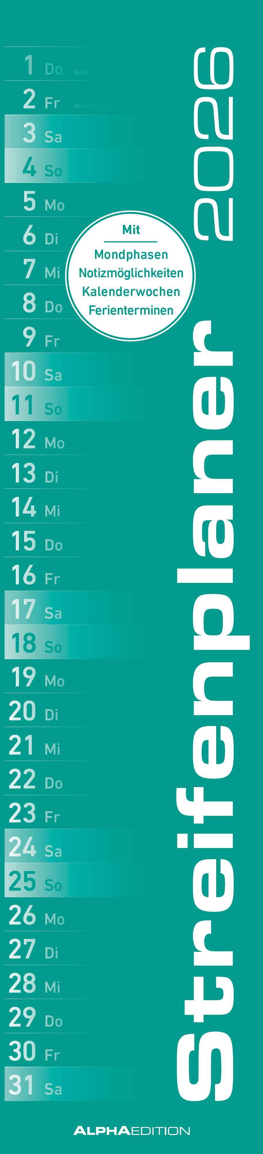Streifenplaner MINT 2026 - Streifenkalender - Wandplaner - Küchen-Kalender - 11,3x49,5