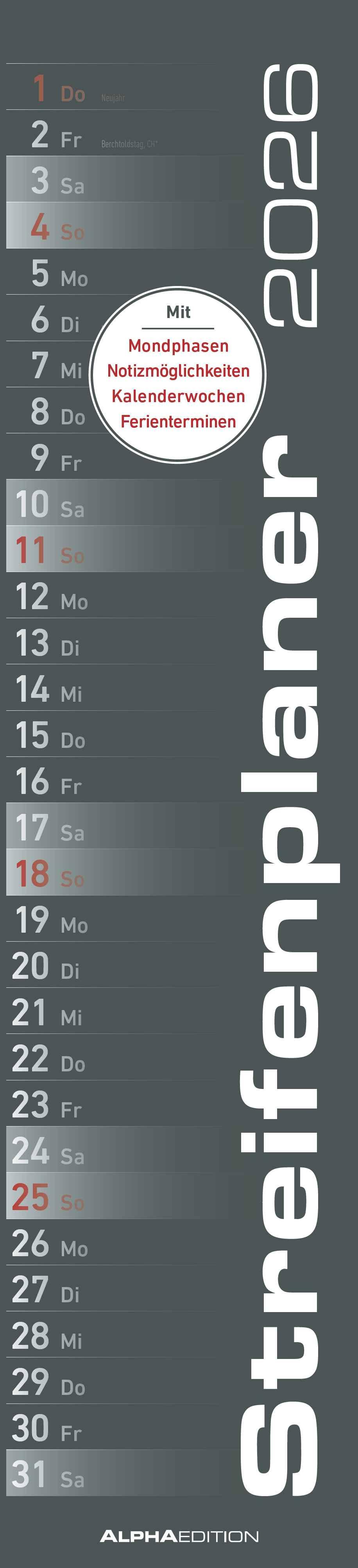 Streifenplaner SCHWARZ 2026 - Streifenkalender - Wandplaner - Küchen-Kalender - 11,3x49,5