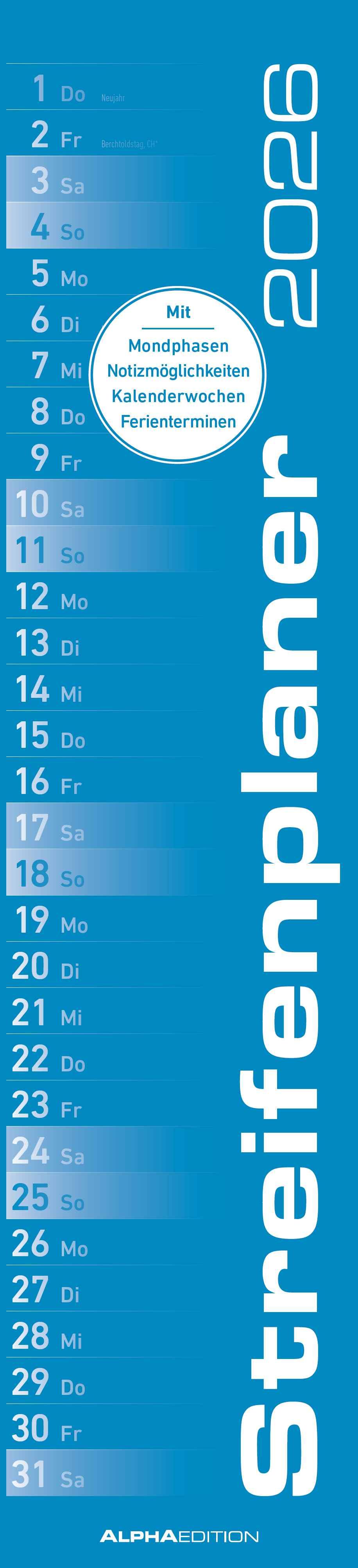 Streifenplaner BLAU 2026 - Streifenkalender - Wandplaner - Küchen-Kalender - 11,3x49,5