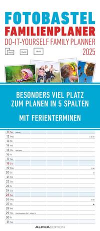 Alpha Edition - Foto-Bastel-Familienplaner 2025 Bastelkalender, 19,5x45cm, Wandkalender mit 5 Spalten für Termine, Mondphasen, Ferientermine DE/AT/CH und deutsches Kalendarium