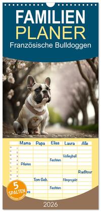 Familienplaner 2026 - Französische Bulldoggen mit 5 Spalten (Wandkalender, 21 x 45 cm) CALVENDO