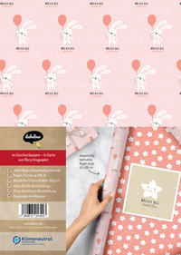 Geschenkpapier-Set für Kinder: Hase mit rosa Ballon (zur Geburt / Taufe - für Baby-Mädchen)