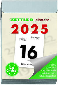 Vorderes Coverbild Zettler - Tagesabreißkalender 2025 S, 4,1x5,9cm, Abreißkalender mit Sudokus, Sonnen- und Mondzeiten, Namenstage, hellgraue Patentklammer, mit Aufhängung und deutsches Kalendarium