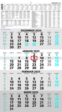 Zettler - 4-Monatskalender 2025 blau, 33x45cm, Bürokalender mit Jahresübersicht, Datumsschieber, faltbar, 4 Monate auf einen Blick, Feiertage DE /Ferientermine DE/AT/CH und deutsches Kalendarium