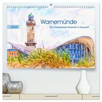 Warnemünde - Die Ostseestadt illustriert in Aquarell (hochwertiger Premium Wandkalender 2025 DIN A2 quer), Kunstdruck in Hochglanz