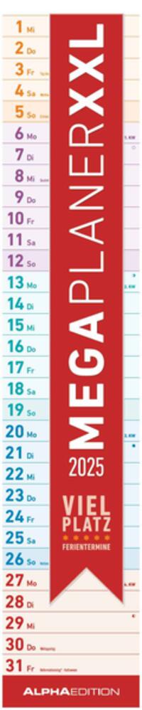 Alpha Edition - Megaplaner XXL 2025 Streifenkalender, 17,5x98cm, Familienkalender mit einer Spalte, viel Platz für Notizen, Mondphasen, deutsches Kalendarium und Ferientermine DE/AT/CH