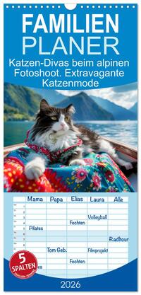 Familienplaner 2026 - Katzen-Divas beim alpinen Fotoshoot. Extravagante Katzenmode mit 5 Spalten (Wandkalender, 21 x 45 cm) CALVENDO