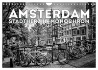 AMSTERDAM Stadtherz in Monochrom (Wandkalender 2025 DIN A4 quer), CALVENDO Monatskalender