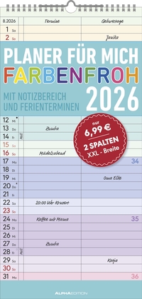 Planer für mich Farbenfroh 2026 - Familien-Timer 22x45 cm - mit Ferienterminen - Wand-Planer - mit vielen Zusatzinformationen - Alpha Edition