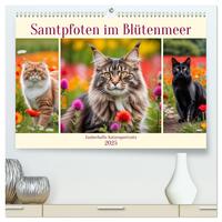Samtpfoten im Blütenmeer (hochwertiger Premium Wandkalender 2025 DIN A2 quer), Kunstdruck in Hochglanz