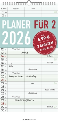 Planer für zwei 2026 mit 3 Spalten - Familien-Timer 22x45 cm - Offset-Papier - mit Ferienterminen - Wand-Planer - Familienkalender - Alpha Edition