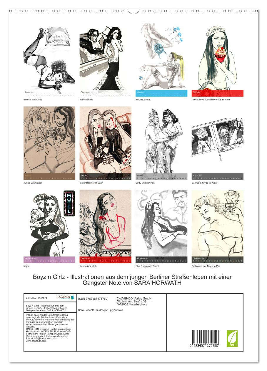 Beispielinhalt (Bild) Boyz n Girlz - Illustrationen aus dem jungen Berliner Straßenleben mit einer Gangster Note von SARA HORWATH (hochwertiger Premium Wandkalender 2025 DIN A2 hoch), Kunstdruck in Hochglanz