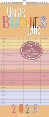 Unser buntes Jahr 2026 Familienplaner - Terminkalender - Familienkalender - 19,5x45