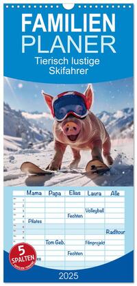 Familienplaner 2025 - Tierisch lustige Skifahrer mit 5 Spalten (Wandkalender, 21 x 45 cm) CALVENDO