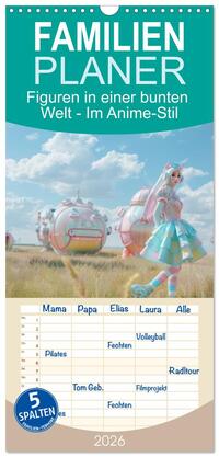 Familienplaner 2026 - Figuren in einer bunten Welt - Im Anime-Stil mit 5 Spalten (Wandkalender, 21 x 45 cm) CALVENDO