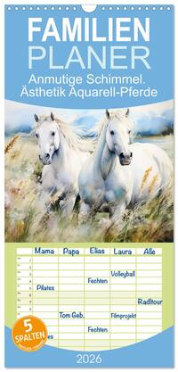 Familienplaner 2026 - Anmutige Schimmel. Ästhetik Aquarell-Pferde mit 5 Spalten (Wandkalender, 21 x 45 cm) CALVENDO
