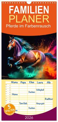 Familienplaner 2026 - Pferde im Farbenrausch mit 5 Spalten (Wandkalender, 21 x 45 cm) CALVENDO