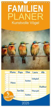 Familienplaner 2025 - Kunstvolle Vögel mit 5 Spalten (Wandkalender, 21 x 45 cm) CALVENDO