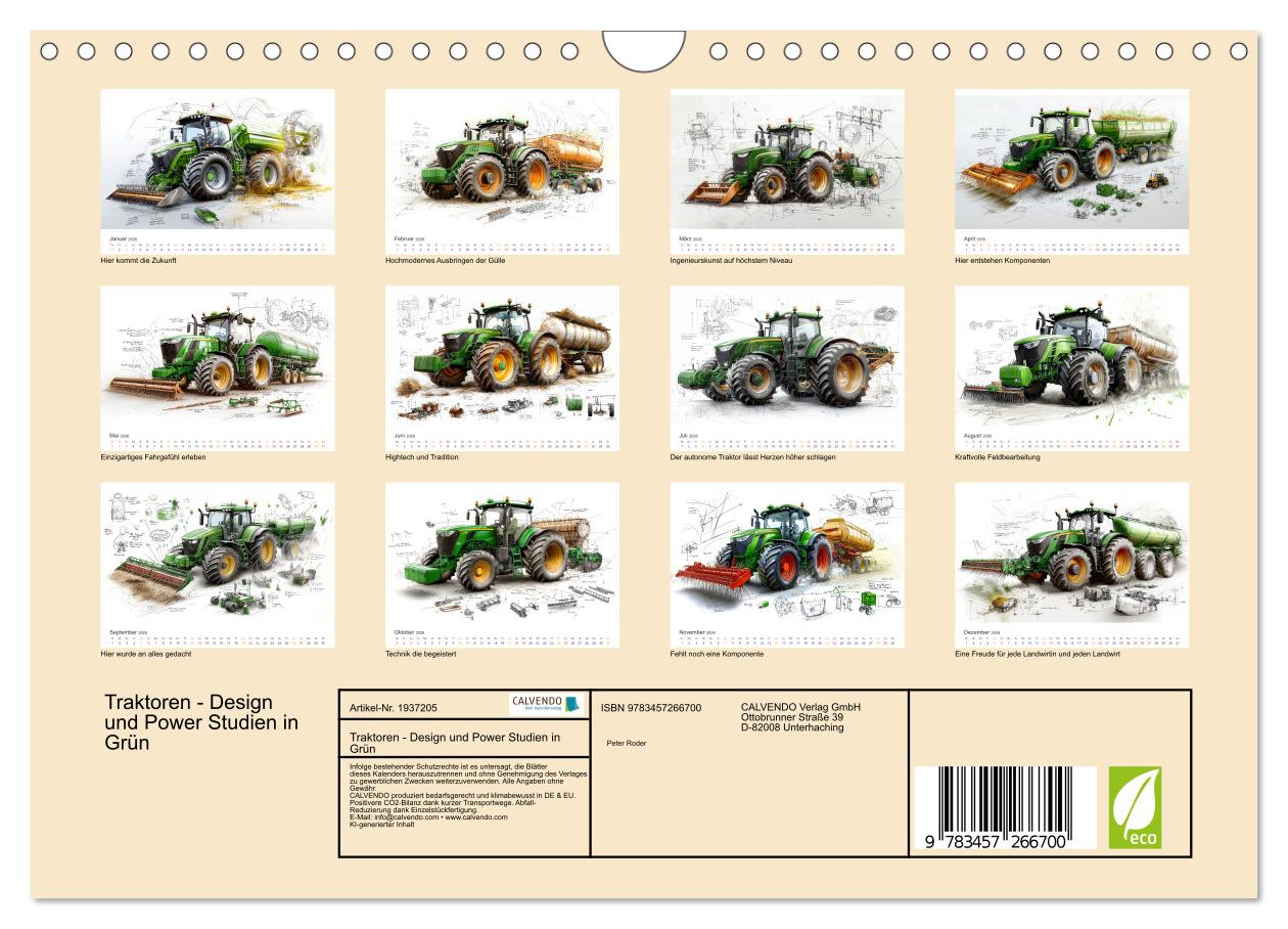 Beispielinhalt (Bild) Traktoren - Design und Power Studien in Grün (Wandkalender 2026 DIN A4 quer), CALVENDO Monatskalender