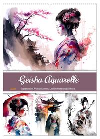 Geisha Aquarelle - Japanische Kulturdamen, Landschaft und Sakura (Wandkalender 2026 DIN A2 hoch), CALVENDO Monatskalender