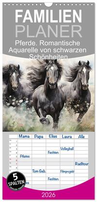 Familienplaner 2026 - Pferde. Romantische Aquarelle von schwarzen Schönheiten mit 5 Spalten (Wandkalender, 21 x 45 cm) CALVENDO
