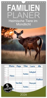 Familienplaner 2026 - Heimische Tiere im Mondlicht mit 5 Spalten (Wandkalender, 21 x 45 cm) CALVENDO