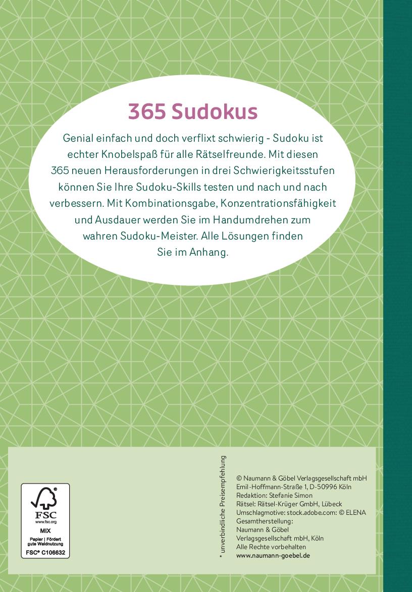 Rückseitencover 365 Sudokus in 3 Schwierigkeitsstufen