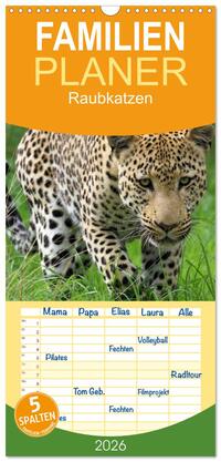 Familienplaner 2026 - Raubkatzen mit 5 Spalten (Wandkalender, 21 x 45 cm) CALVENDO