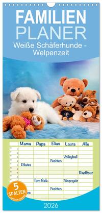 Familienplaner 2026 - Weiße Schäferhunde - Welpenzeit mit 5 Spalten (Wandkalender, 21 x 45 cm) CALVENDO