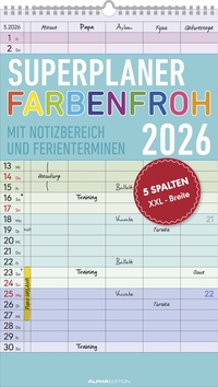 Superplaner Farbenfroh 2026 - 5 Spalten - Familienkalender 26x45 cm - Offset-Papier - mit Ferienterminen - Wandkalender - Wandplaner
