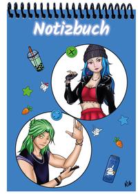 Vorderes Coverbild A 5 Notizblock Manga Quinn und Enora, blau, blanko
