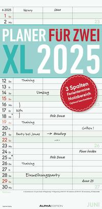 Vorderes Coverbild Alpha Edition - Planer für 2 XL 2025 Familienplaner, 22x45cm, Familienkalender mit 3 Spalten, viel Platz für Notizen, gedruckt auf Offset-Papier, deutsches Kalendarium und Ferientermine DE/AT/CH