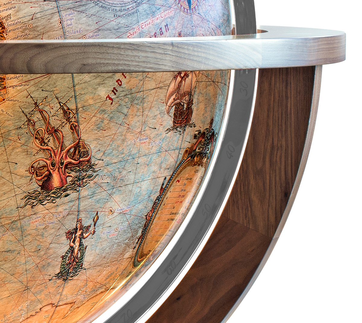 2511159 Columbus IMPERIAL Leuchtglobus, Grossglobus mit ca. 100 cm Kugeldurchmesser, Vintage-Kartenbild mit handgezeichneten Illustrationen,politisch aktuell, handkaschiert, mit exklusivem Holzgestuehl aus amerikanischem Nussbaumholz