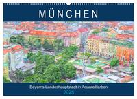München - Bayerns Landeshauptstadt in Aquarellfarben (Wandkalender 2025 DIN A2 quer), CALVENDO Monatskalender