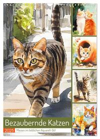 Bezaubernde Katzen. Miezen im lieblichen Aquarell-Stil (Wandkalender 2025 DIN A3 hoch), CALVENDO Monatskalender